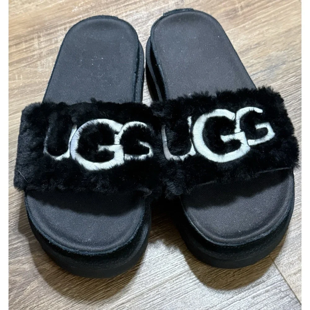 NWT UGG Womens Laton Fur Genuine Shearling Platform Slide Sandal US 8/39 Black